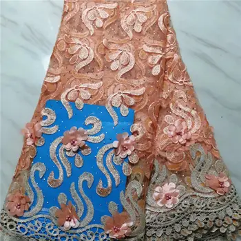

Baby powder french lace fabric Latest elegant 3d appliques tulle mesh lace fabric with beads nigerian lace 5yards/lot