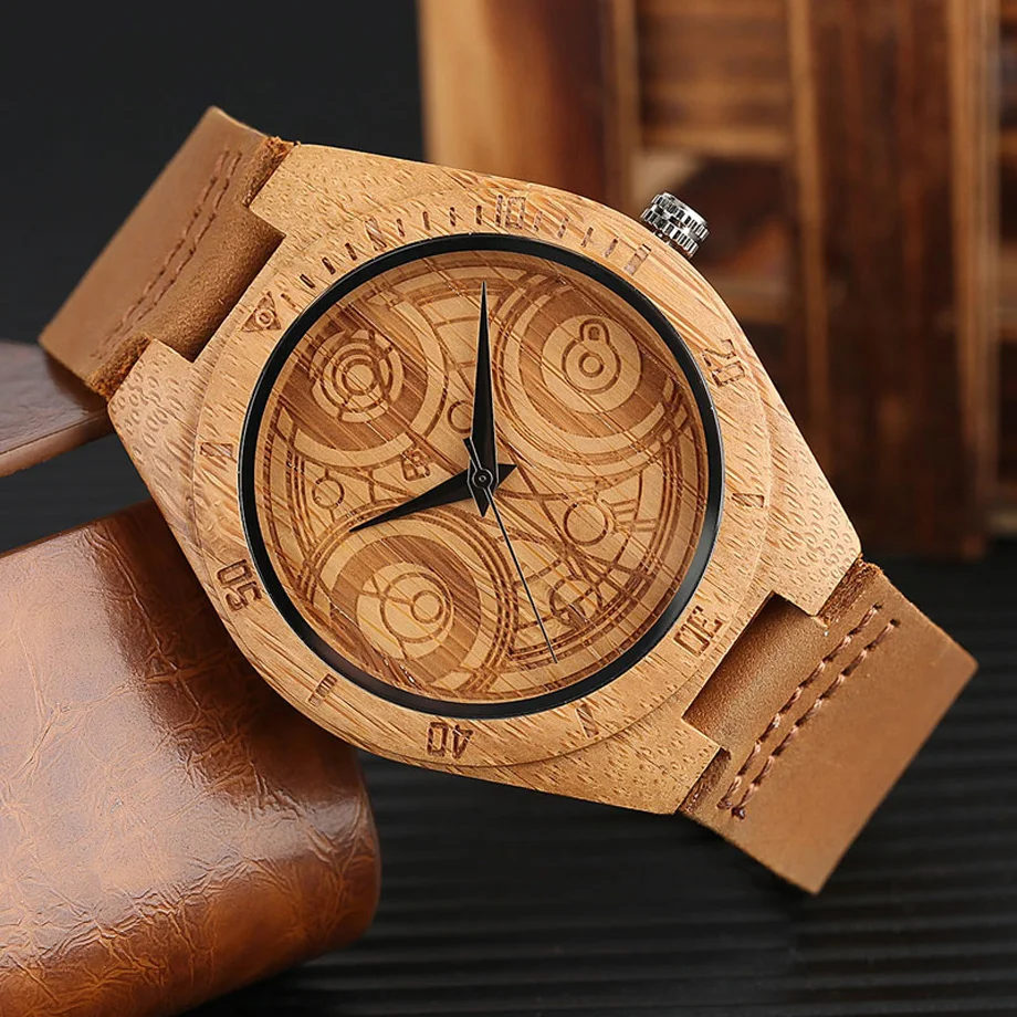 Natural Wood Watch DR.WHO Pattern Quartz Wood Watches Mens Brown Genuine Leather Handmade Bamboo Wooden Gift Clock  (9)