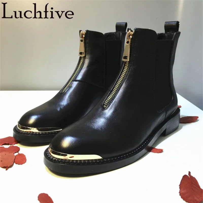 

Autumn Winter Short Boots Genuine leather flat heels gold metal embellished runway botas mujer 2018 Ankle Boots for women