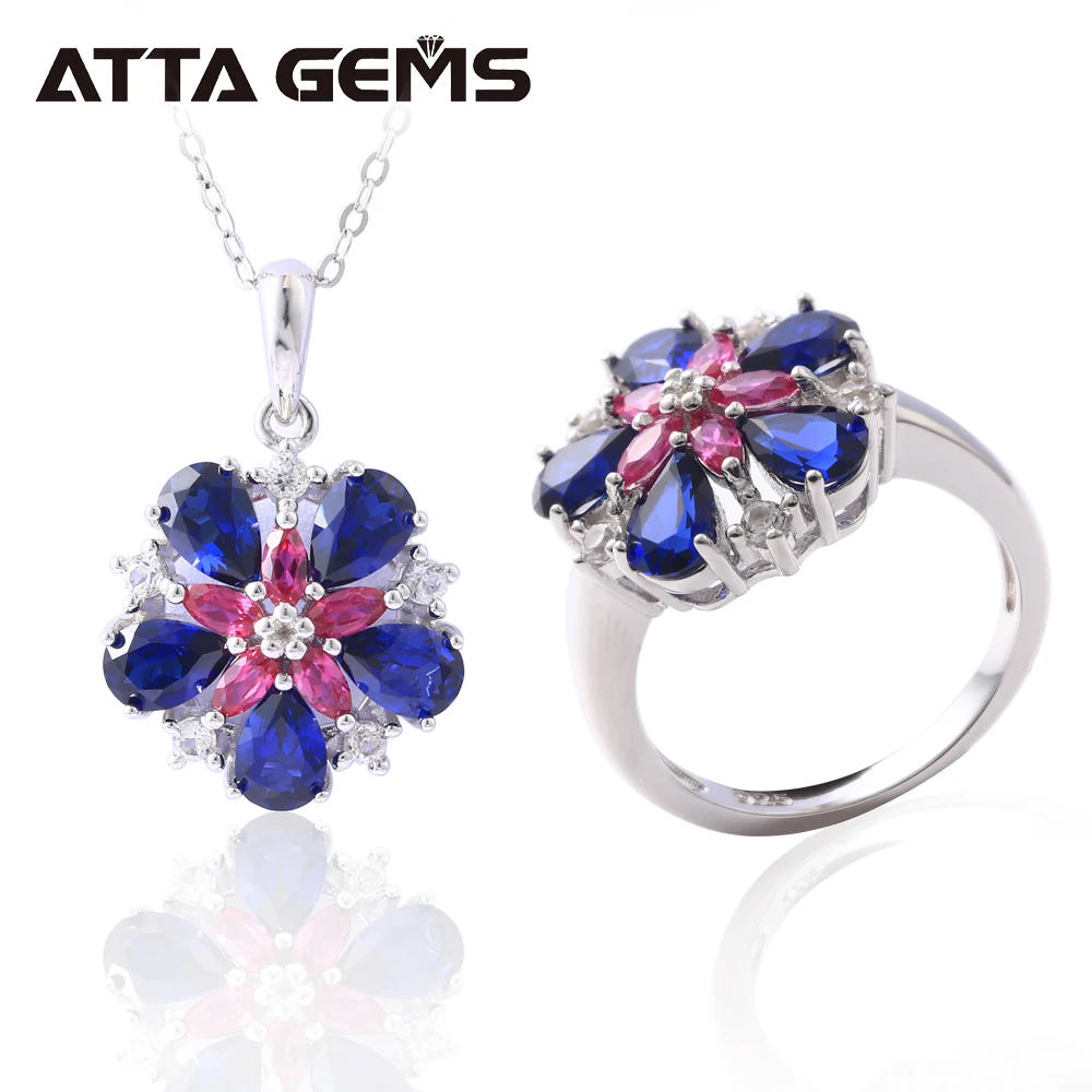 

Blue Sapphire Sterling Silver Jewelry Set 6.5 Carats Created Sapphire S925 Wedding Anniversary Jewelry Romantic Elegant Design