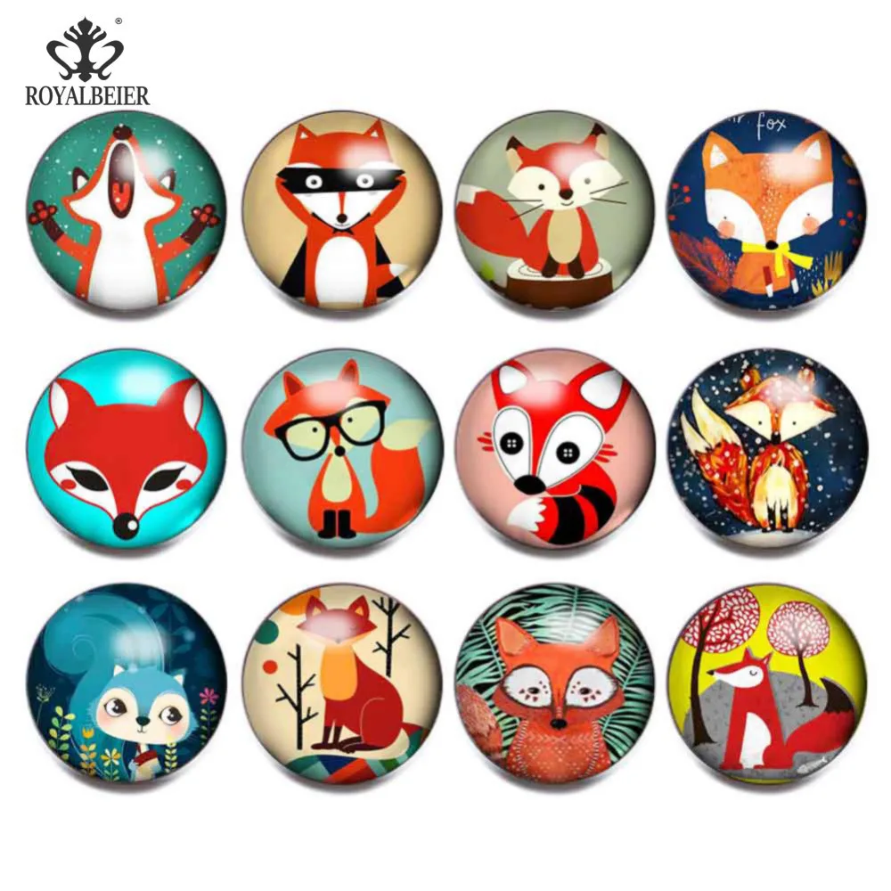 Royalbeier 12pcs Cartoon Snap Buttons Fox Print Glass Cabochon Fit Snap Bracelets Necklace 18mm Beads Charms DIY Jewelry Buttons