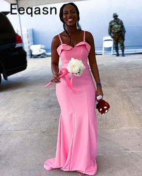 

Sexy Mermaid Pink Prom Dresses 2020 Long Spaghetti Straps Sweep Train African Graduation Dress Formal Gown vestidos de festa