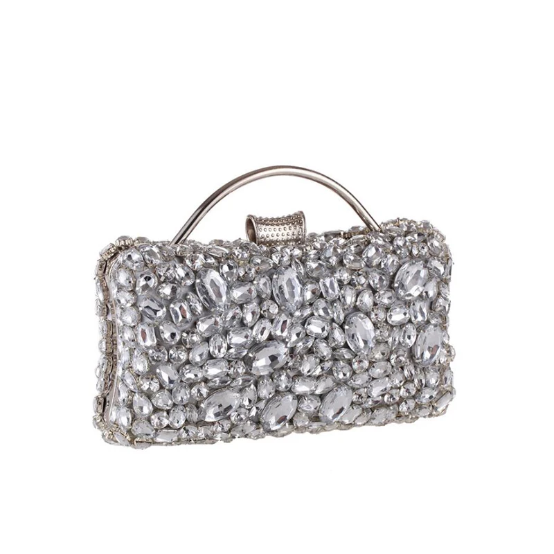 Women Socialite Silver Rhinestones Crystal Evening Clutches Bag Wedding