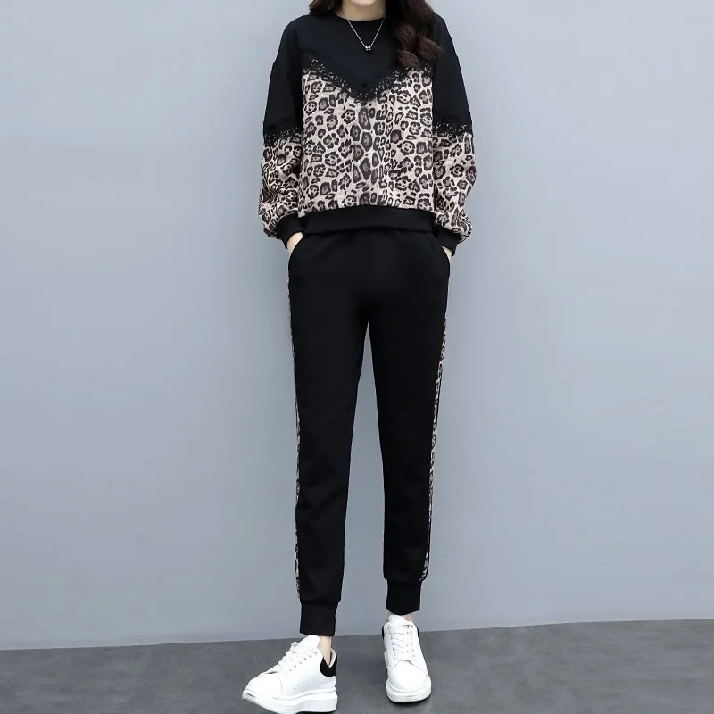 

Plus Szie 3XL 4XL Women Tracksuit 2019 Autumn Winter Cotton Leopard Pant Suit 2 Piece Set Women Casual Hoodie Pants Sets Suits