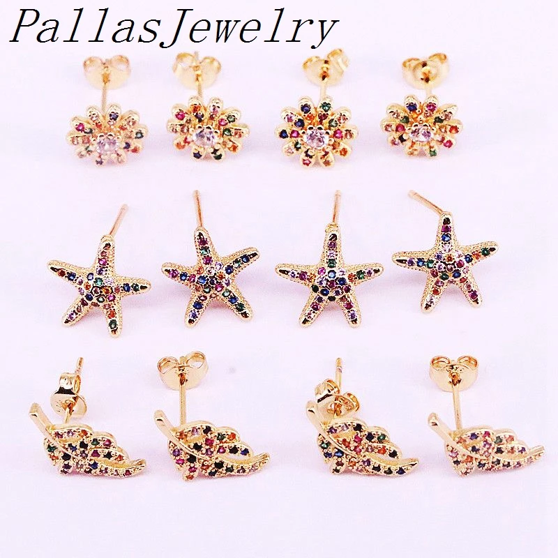 10 пар разноцветных радужных проложенных CZ Позолоченные модные ювелирные украшения/Морская звезда очаровательные серьги-гвоздики