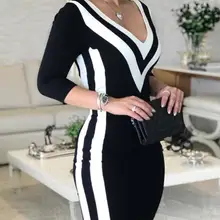 Весеннее женское платье с глубоким v-образным вырезом больших размеров Vestidos De Festa Сексуальные вечерние облегающие платья в черно-белую полоску