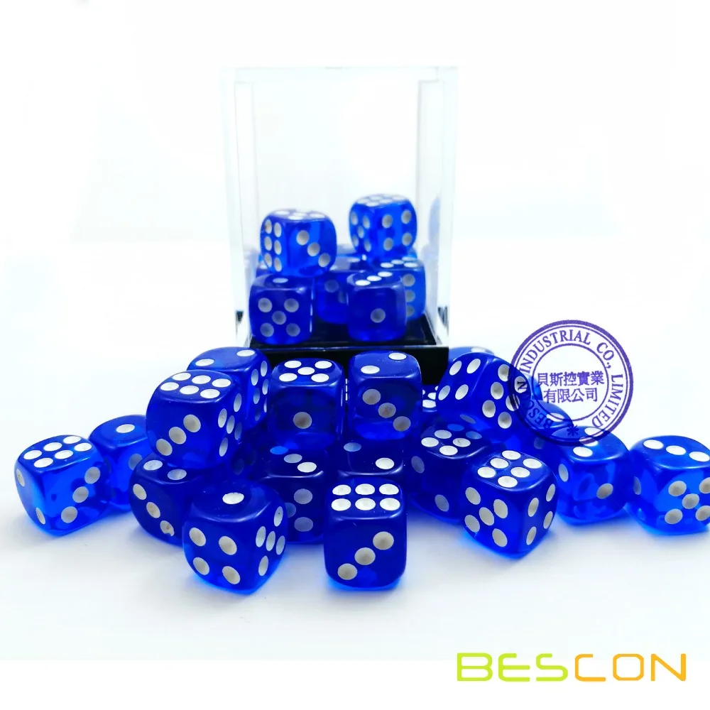 Bescon 12mm 6 Sided Dice 36 in Brick Box, 12mm Six Sided Die (36) Block of Dice, Translucent Royal Blue with White Pips
