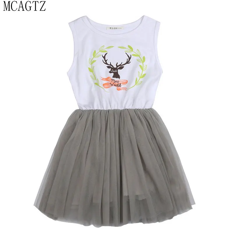 MCAGTZ Girls Dress 2016 Brand Clothes White Cartoon deer Print Voile Design for Kids Princess Dresses | Детская одежда и обувь