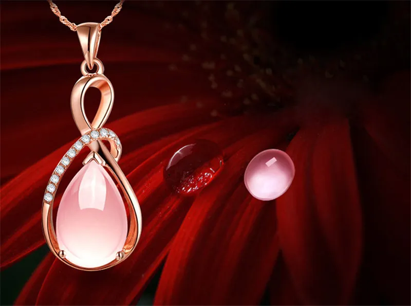 MOONROCY розовое золото цвет CZ Росс кварц розовый опал Кристалл Ожерелье Подвеска Чокеры для женщин капля подарок для девочек чокер