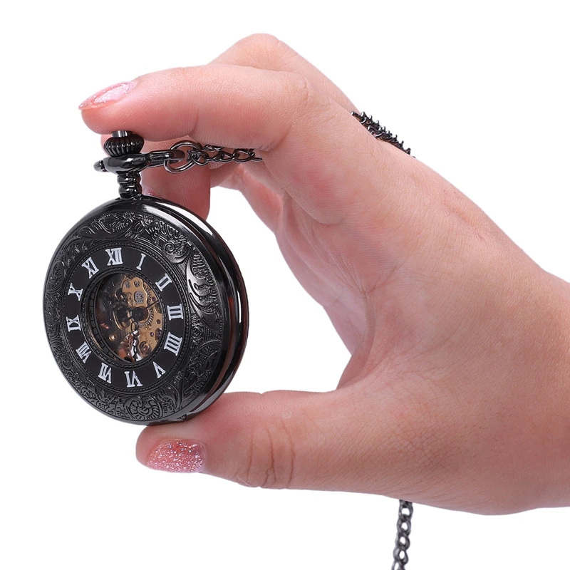 Ретро черный цветок полые механические карманные часы для мужчин сталь стимпанк уникальные женские мужские Fob карманные часы на цепочке