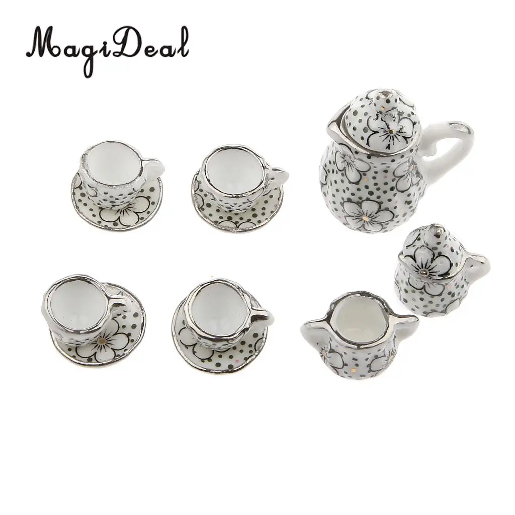 MagiDeal 17Pcs/Lot 1/12 Scale Dolls House Miniature Dining Ware Tea Set Flower Dot Pattern for Collection Kitchen Teahouse Decor