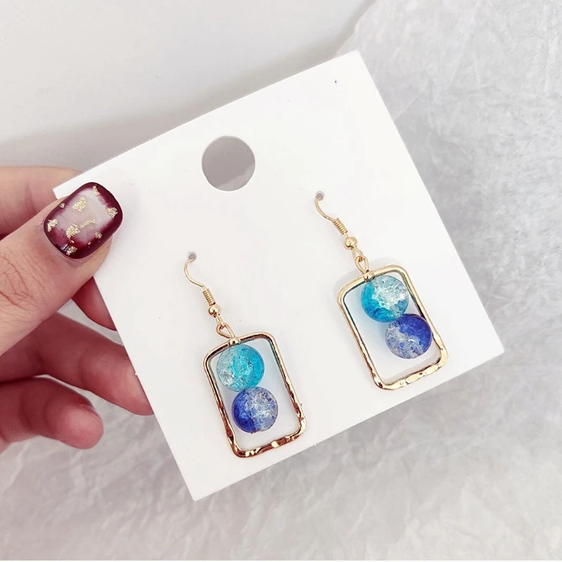 

Romantic Blue Glass Beads Dangle Earrings For Women Jewelry Gold Color Metal Female Girls Pendientes Korean Earrings 2019