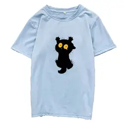 Женская летняя футболка Kpop Повседневная Свободная футболка с коротким рукавом Harajuku с круглым вырезом Хлопок Прекрасный озорной Черный кот