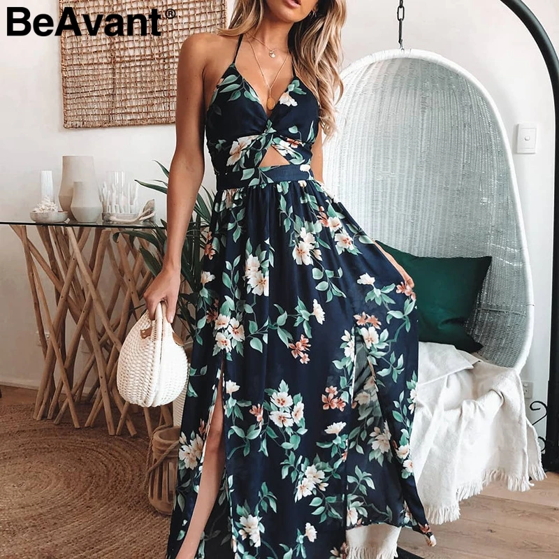 

BeAvant V neck sexy maxi dress women Bohemian high waist split summer dress Floral print backless long dresses ladies vestidos