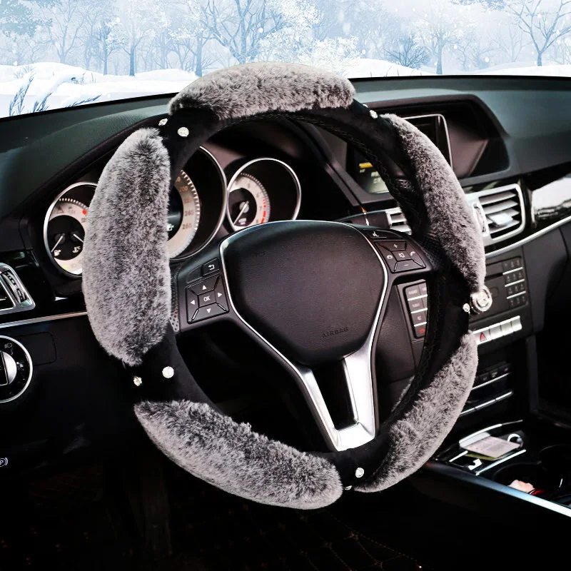 

New Plush Car Steering Wheel Cover For Women Girls Crystal Rhinestone Steering-Wheel Case Warm Fur Heated Auto Wheels Covers