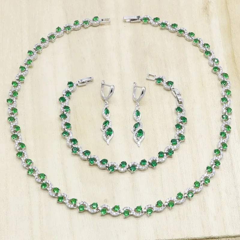 

925 Silver Bridal Jewelry Sets For Women Green Semi-precious Necklace Earrings Bracelet Anniversary Birthday Gift