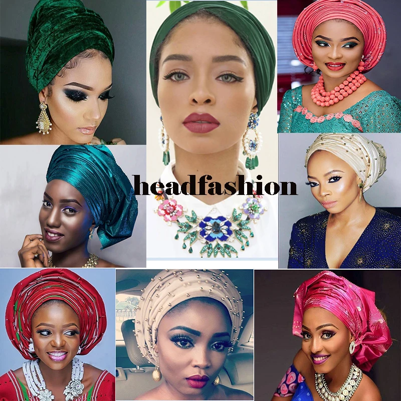 

Newest Promotion Beauty Solid and Plain African aso oke beads and stones length 8.6m Multi-colored african headtie women scraf.