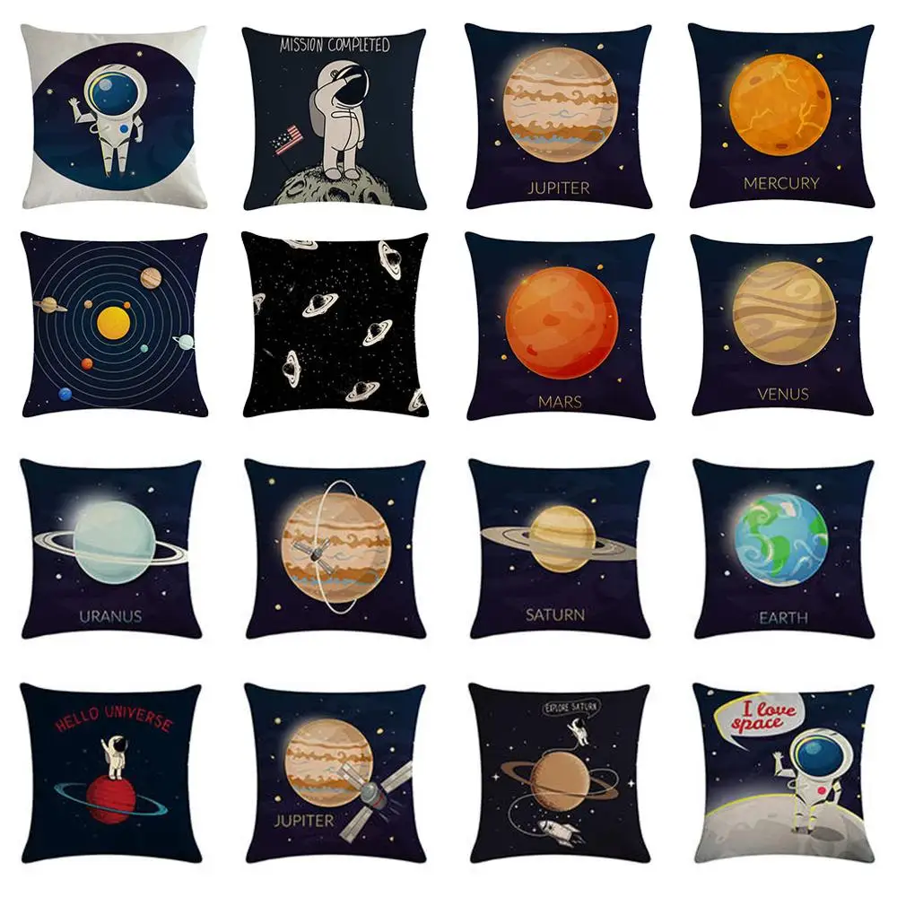 

45*45cm Cartoon Cushion Cover Astronaut Rocket Cotton Linen Pillow Cover for Home Chair Outer Space Decorative Pillows Cover