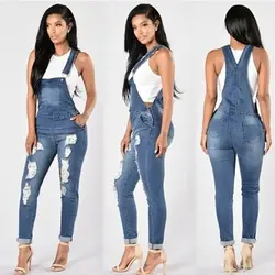 2019 новые женские комбинезоны крутые джинсовые брюки комбинезон рваные отверстия повседневные узкие джинсы без рукавов карманы ромперы на