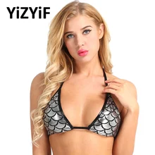 Бикини Топ Купальник для женщин ralett бюстгальтер блестящий металлик Русалка Рыба с принтом чешуи Холтер шеи и сзади Завязывающийся Топ Бикини
