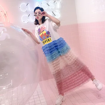 

European station 2019 spring and summer new characters letter printing color layered short-sleeved dress female loose cake skirt