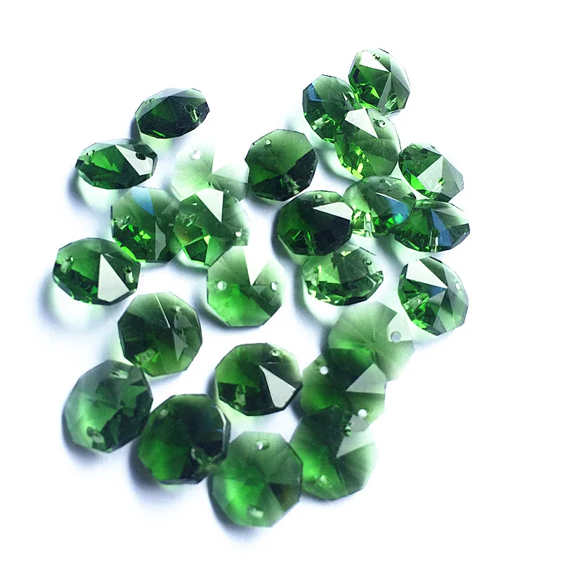 150 шт./лот 14 мм зеленые стеклянные кристаллы Восьмиугольные 2 бусины с отверстиями+ Бесплатные Кольца DIY Подвески для оконных занавесок/детали для обрезки люстры