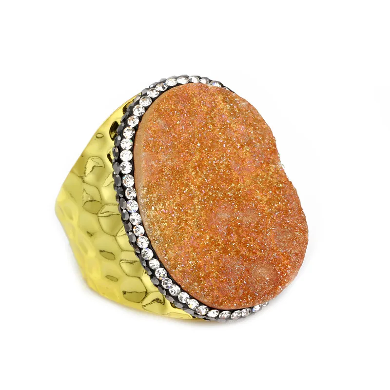 

Women New Design Mix Color Rainbow Natural Druzy Quartz Stone Tension Setting Rhinestone Crystal Metal Bridal Sets Rings