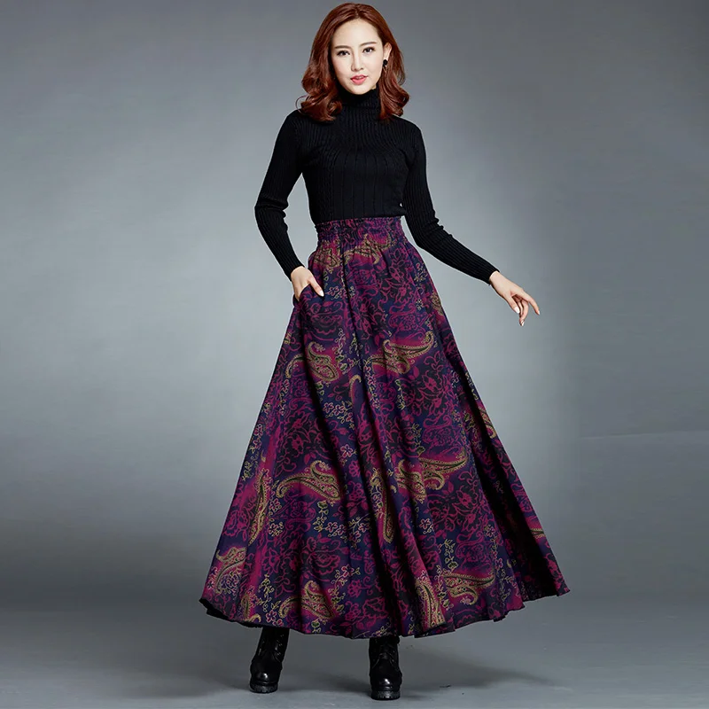 

Custom Made 2017 New Arrival Winter Casual Skirt Women's Elastic Waist Large Size Printing Long Skirts