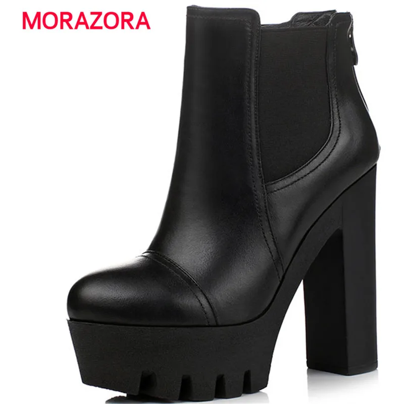 

MORAZORA 2018 new fashion super high heel ankle boots for women autumn winter round toe platform boots genuine leather boots
