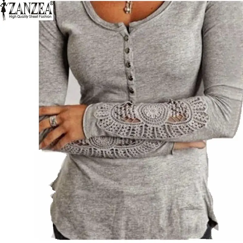 ZANZEA мода осень 2018 Для женщин blusas Вышивка крючком Кружево рукавом полые Блузки для малышек Повседневное одноцветное Топы корректирующие o-об...