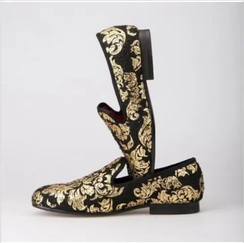 

Chic Mens Loafers Printed Floral Party Flats Gold Round Toe Slip On Shoes Casual Moccasins Genuine Leather Plus Size