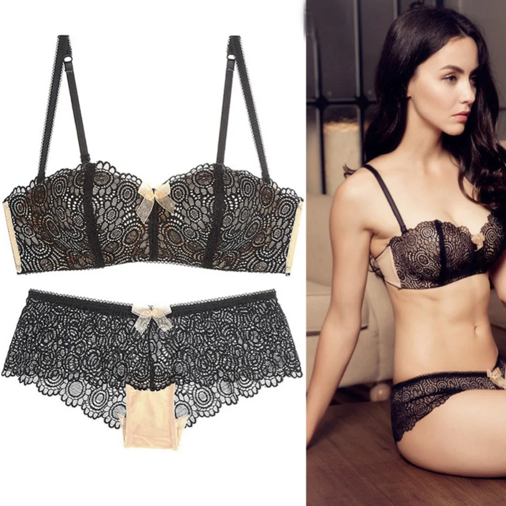 

New Arrival Woman Fashion Wirefree Lace Bra Brief Set Sexy Balconette Half Cup Seamless Bra Panty Set H313
