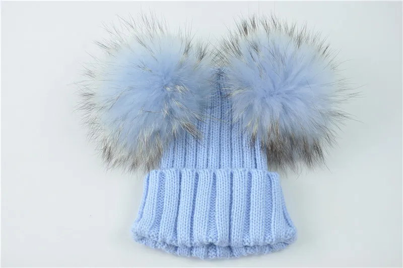 Зимняя детская шапка с два меховых помпона для мальчиков и девочек из натуральной пушнины, Шапка-бини, детские шапки двойной меховой помпон шапки для детей на осень-зиму