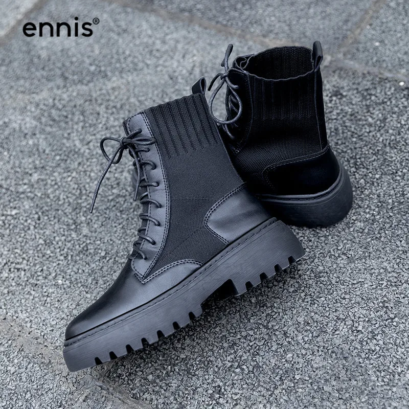ENNIS/ черные ботинки на платформе; женские ботинки на шнуровке; ботинки на плоской подошве с круглым носком; Ботинки martin из натуральной кожи; сезон осень-зима; модная обувь; A998