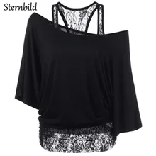 ФОТО sternbild brand 2018 spring new lace oblique neck t-shirt for women european fashion sexy batwing sleeve vest female tops s-5xl