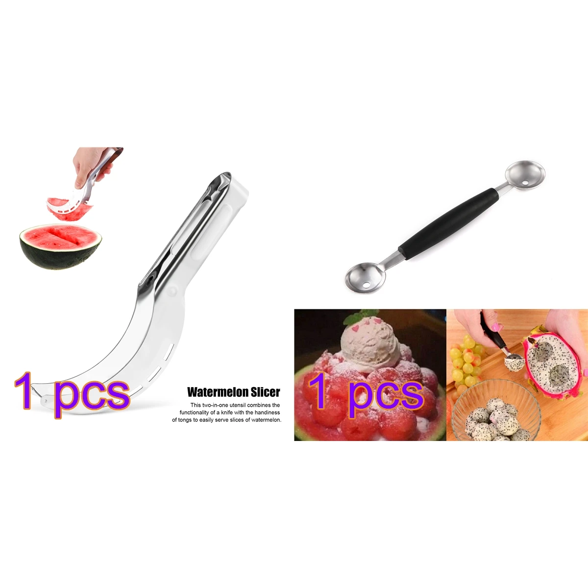 

Stainless Steel Watermelon Slicer Fruit Knife Cutter And Ice Cream Ballers Melon Scoop Double Size Spoon Set Kitchen Tools