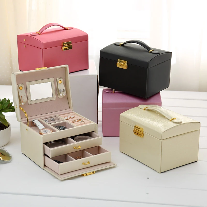 

PU Leather Multi-layer Jewelry Box Drawer Girls Earrings Necklace With Mirror Lock Storage Organizer Case Accessories Supplies