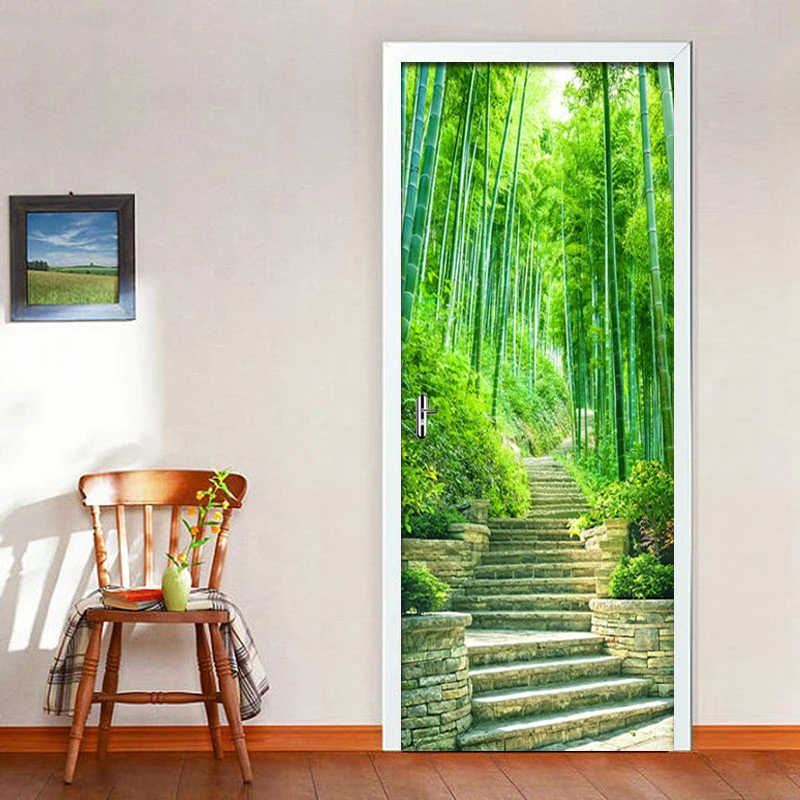 2 шт./компл. бамбуковые лесные шаги настенные двери наклейки DIY Self-самоклеющиеся водоотталкивающие обои переводки украшение для дома двери настенные наклейки s