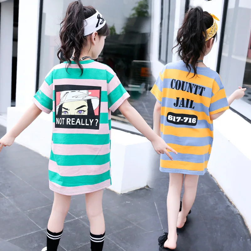 

Girls dress cotton short-sleeved round neck striped bottoming shirt summer loose cartoon fashion children's clothing