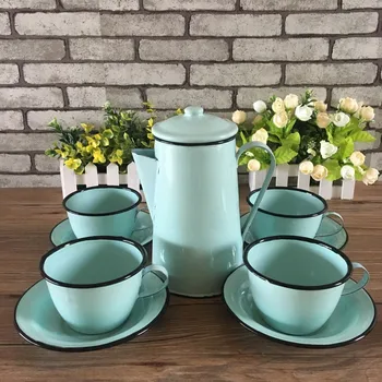 

Free shipping Vintage Blue Enamel Coffee Cups Coffee Pot Set