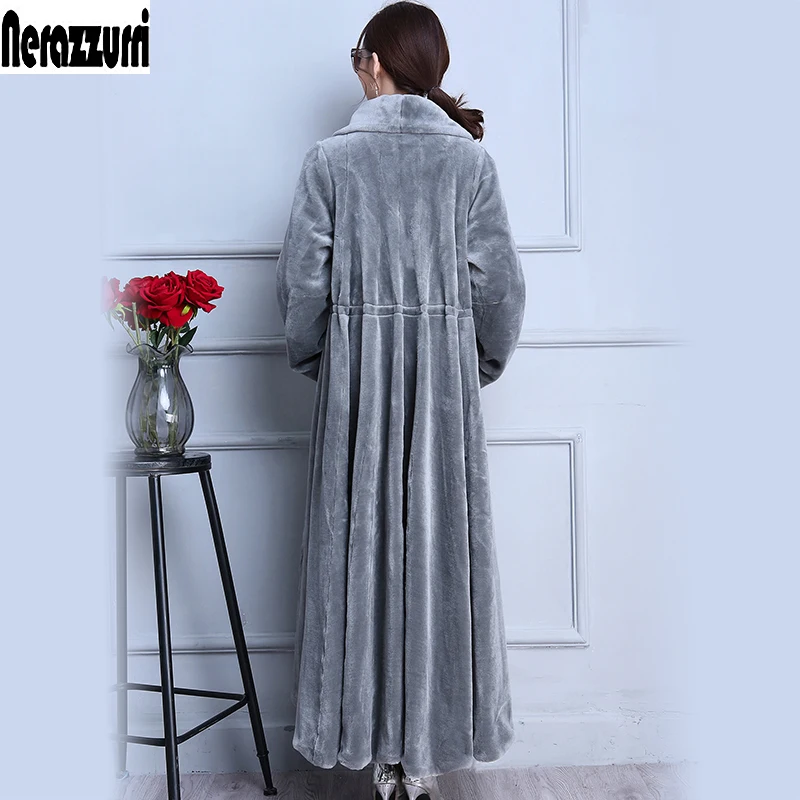 Nerazzurri Real fur coat X-Long Gray Skirt Sheep Shearing Fur Coat Thick Winter Sheep Sheared Overcoat Plus Size 5xl 6xl 7xl