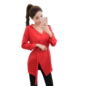 

Spring New Pure Color Belted Waist Shirt Show Thin In Long Shirt Women Long Sleeve Fashion Irregular Clothes