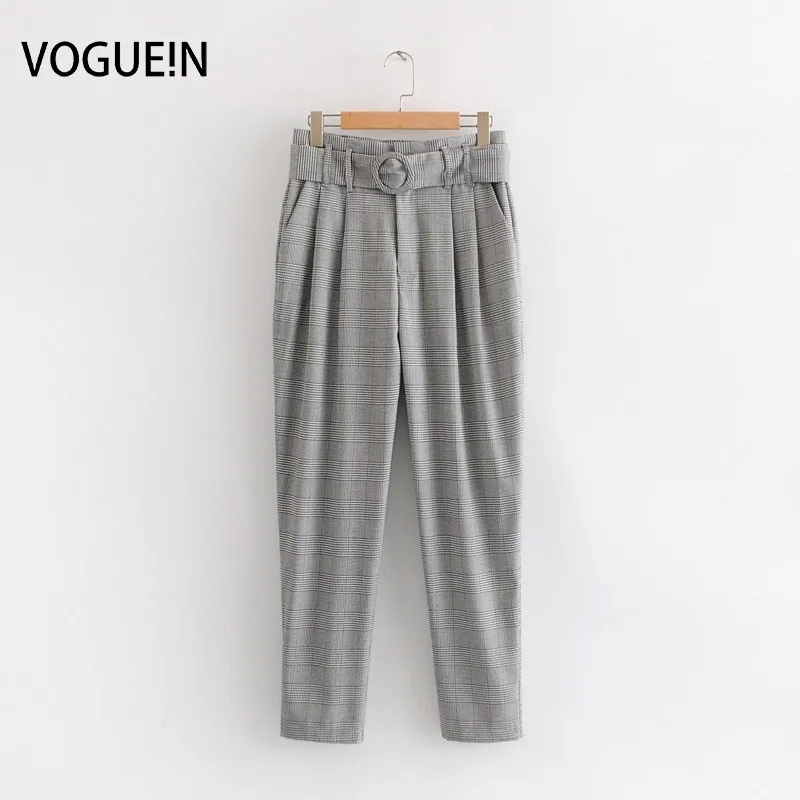 

VOGUEIN New Womens Casual Plaids&Checks Print Ruffled Belt Pants Trousers Wholesale
