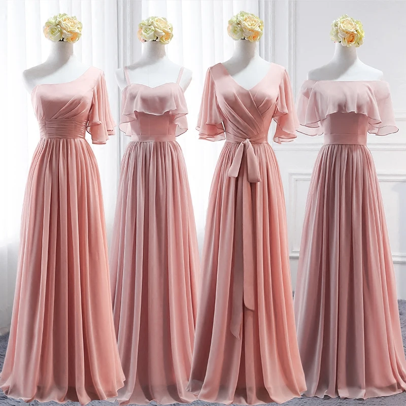 

New Dusty Pink Off The Shoulder Robe De Soriee Chiffon A-line Long Bridesmaid Dresses Half Sleeve Vestidos De Festa Prom Gowns