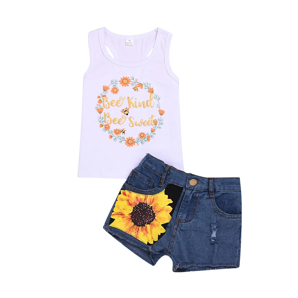 

Kids Baby Girl Sleeveless T-Shirt Top+Floral Denim Shorts NewBorn baby Children clothes Set Infant Kids Outfit Clothes set