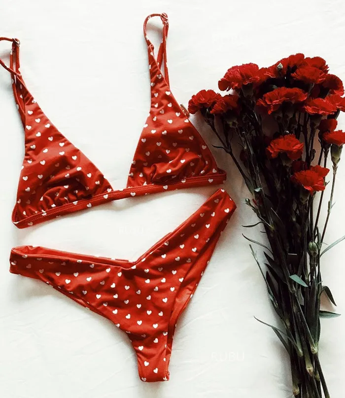 2018 Sexy Red Thong Bikinis Swimwear Bathing Suit Women Heart Print