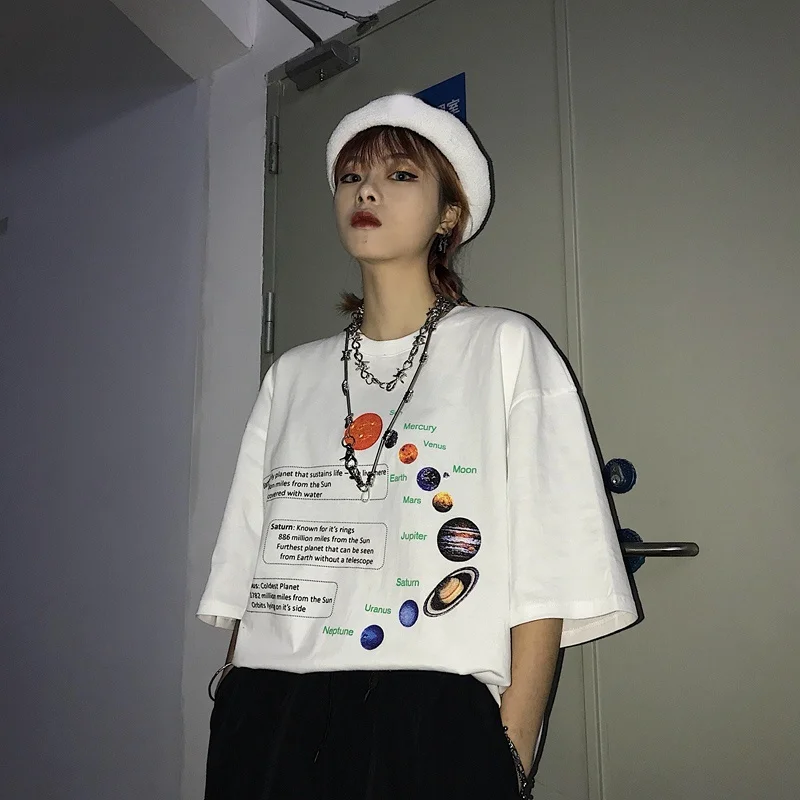 Kuakuayu HJN женская футболка с солнечной системой корейская мода негабаритных тройник хипстеры гранж стиль рубашка