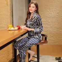 Женские роскошные шелковые пижамы, набор, ночная рубашка, v-образный вырез, длинный рукав, полосатый топ и штаны для сна, женская ночная одежда, домашняя одежда