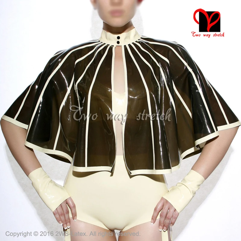 

Sexy transparent green with white Latex cape with buttons at front Short Rubber Robe Gummi coa Crop Top shirt size XXXL SY-054