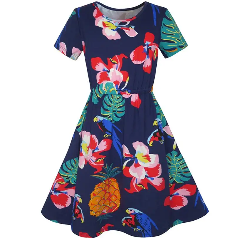 Sunny Fashion платья для девочек Ананас лист Цветок Попугай тропический Sundress Хлопок 2020